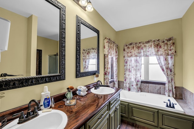 bathroom with a bathing tub, wood-type flooring, and double sink vanity