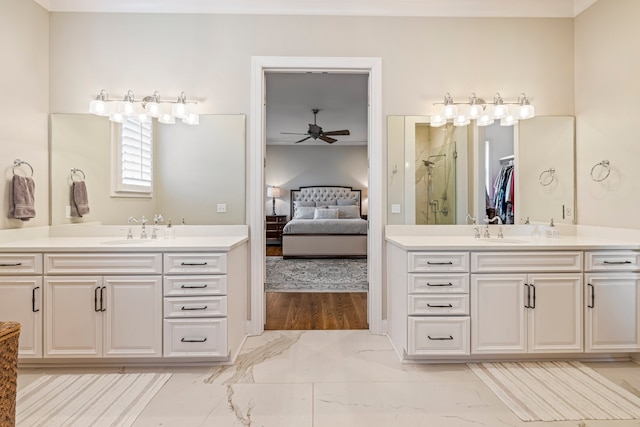 bathroom featuring ceiling fan, tile flooring, and dual vanity