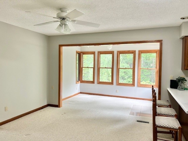 carpeted empty room featuring a healthy amount of sunlight, a textured ceiling, and ceiling fan