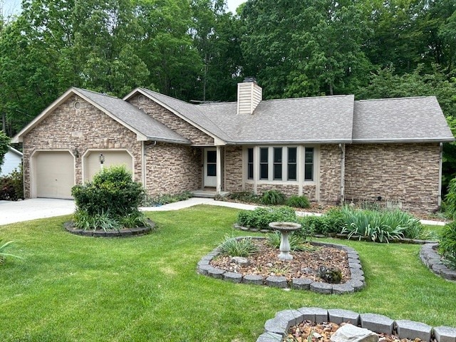 ranch-style home featuring a garage and a front yard