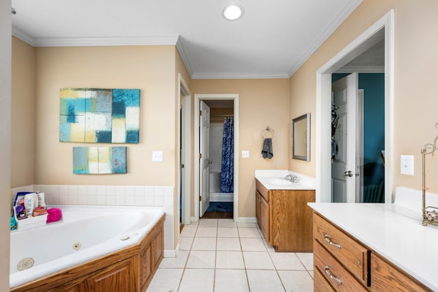 bathroom with ornamental molding, tile flooring, and vanity