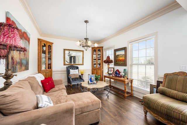 living room featuring dark hardwood / wood-style flooring, crown molding, and an inviting chandelier