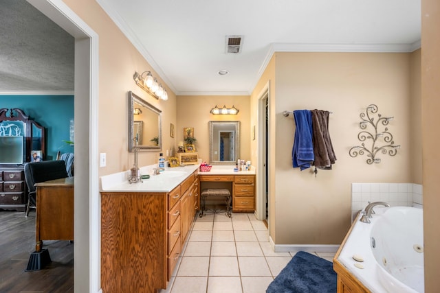 bathroom with tile flooring, crown molding, a tub, and large vanity