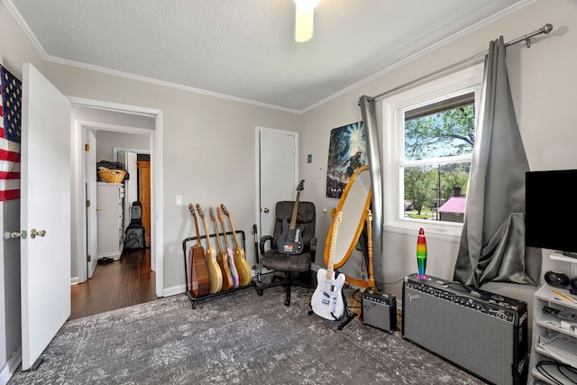 misc room featuring hardwood / wood-style flooring, ornamental molding, and a textured ceiling