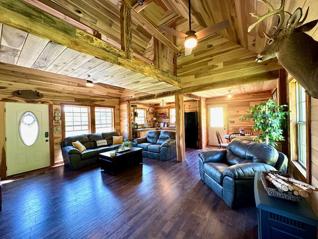 living room with wooden ceiling, wood walls, and dark wood-type flooring