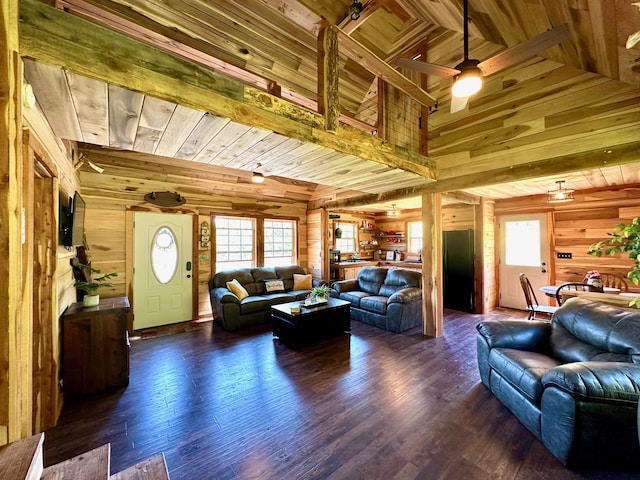 living room with wooden ceiling, dark hardwood / wood-style floors, ceiling fan, and wooden walls