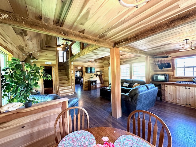 dining area featuring log walls, wood walls, beam ceiling, and dark hardwood / wood-style floors