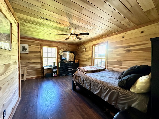 bedroom with wood walls, dark hardwood / wood-style flooring, and wooden ceiling