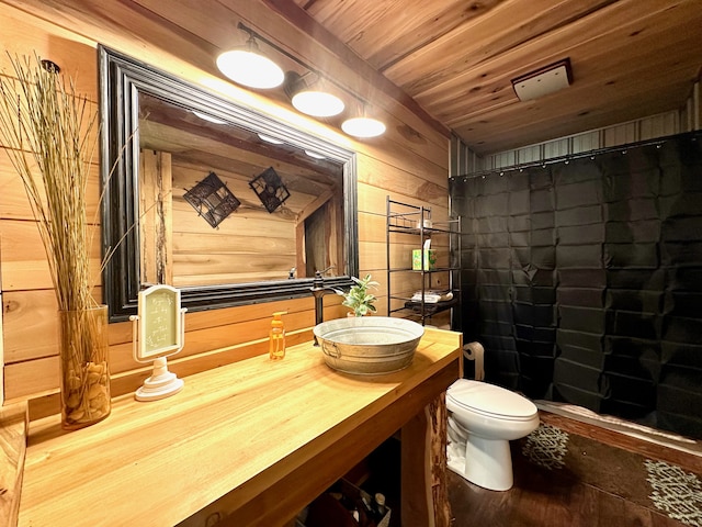 bathroom with wooden ceiling, wood walls, vanity, and toilet