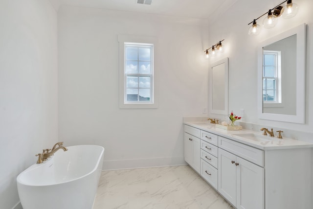 bathroom featuring dual bowl vanity, tile floors, crown molding, and a tub