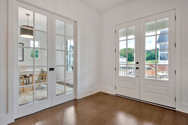 doorway to outside featuring french doors, dark wood-type flooring, and ornamental molding