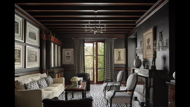 interior space with carpet flooring, beam ceiling, an inviting chandelier, and ornamental molding