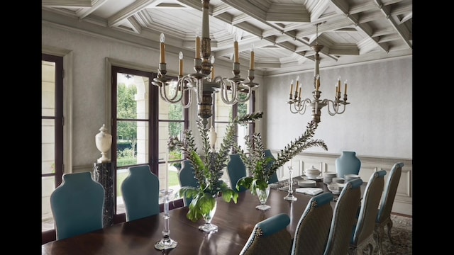 dining room with a notable chandelier, crown molding, and coffered ceiling