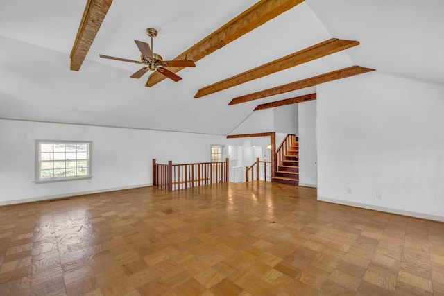 unfurnished room featuring high vaulted ceiling, ceiling fan, beamed ceiling, and light parquet floors