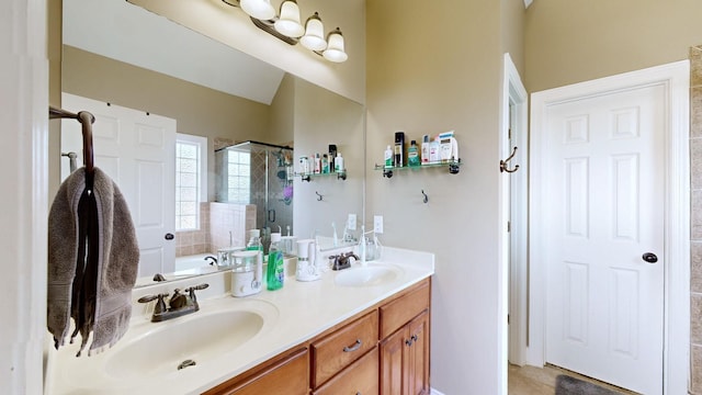 bathroom with plus walk in shower and vanity