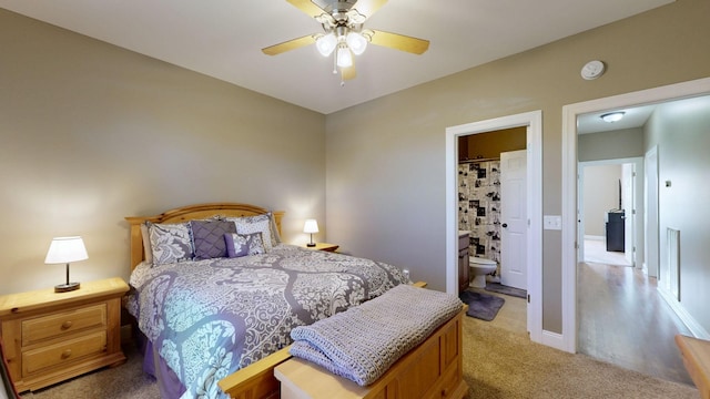 carpeted bedroom with ceiling fan