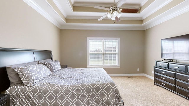 carpeted bedroom with ceiling fan and crown molding