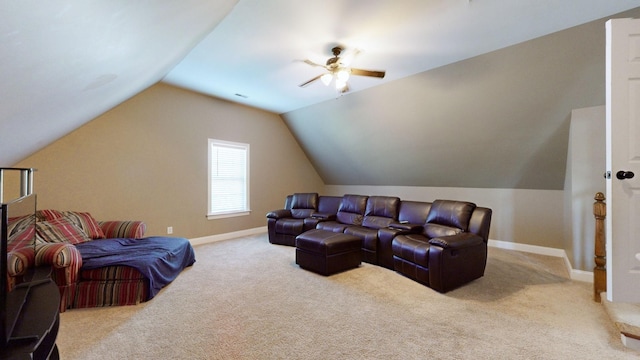 living room featuring lofted ceiling, carpet flooring, and ceiling fan