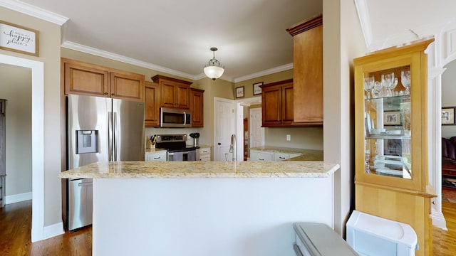 kitchen with appliances with stainless steel finishes, crown molding, light stone countertops, and pendant lighting