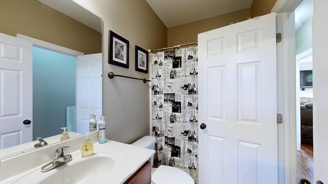 bathroom featuring vanity, a shower with curtain, and toilet