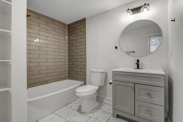 full bathroom featuring tile floors, tiled shower / bath combo, toilet, and large vanity