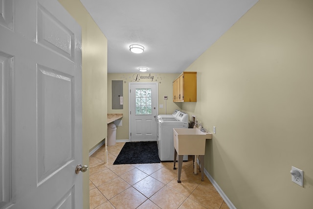 laundry room featuring hookup for a washing machine, separate washer and dryer, cabinets, and light tile flooring