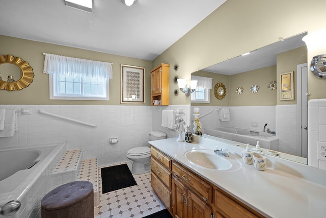 bathroom with tile flooring, tile walls, toilet, and tiled bath