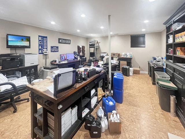 office featuring ornamental molding and light tile floors