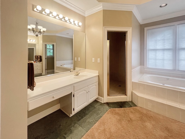 bathroom featuring oversized vanity, independent shower and bath, tile flooring, a chandelier, and ornamental molding