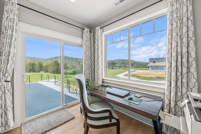 office space featuring a mountain view, hardwood / wood-style flooring, and plenty of natural light