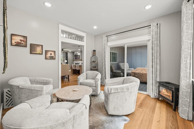 living room featuring light hardwood / wood-style floors and a wood stove