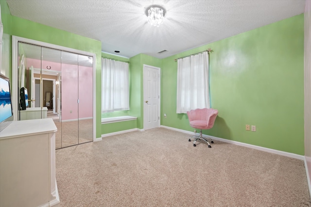 interior space with light colored carpet and a textured ceiling