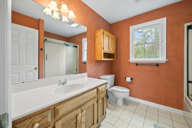 full bathroom with toilet, vanity with extensive cabinet space, tile flooring, shower / bath combination with glass door, and a notable chandelier