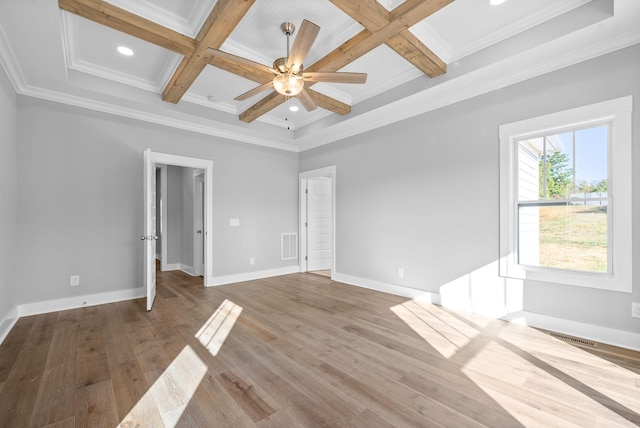 unfurnished bedroom with visible vents, baseboards, beam ceiling, wood finished floors, and coffered ceiling