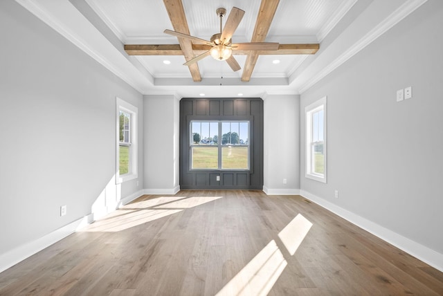 empty room with baseboards, beamed ceiling, recessed lighting, wood finished floors, and coffered ceiling