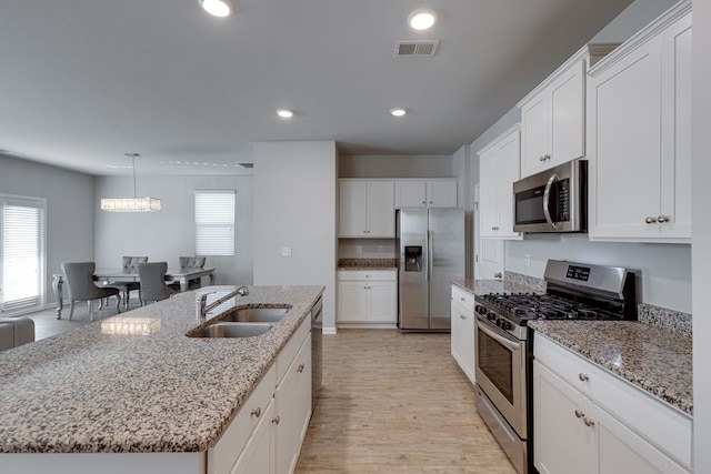 kitchen featuring appliances with stainless steel finishes, a center island with sink, sink, and white cabinets