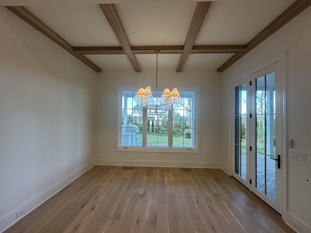 unfurnished dining area with coffered ceiling, beam ceiling, light hardwood / wood-style flooring, and an inviting chandelier