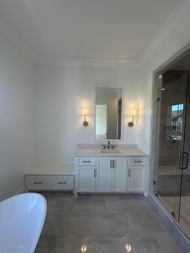 bathroom featuring vanity, crown molding, and plus walk in shower