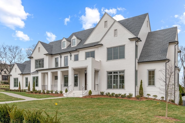 view of front of house with a front lawn and a shingled roof