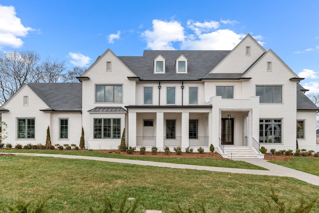 view of front of home featuring a porch, a shingled roof, and a front yard