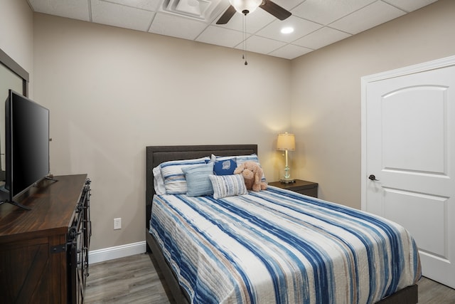 bedroom featuring a drop ceiling, ceiling fan, and dark hardwood / wood-style floors