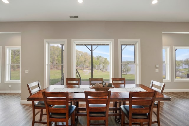 dining space featuring dark wood-type flooring