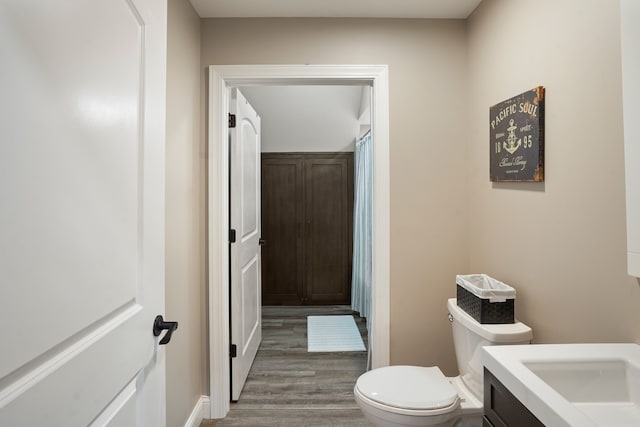 bathroom with wood-type flooring, vanity, and toilet