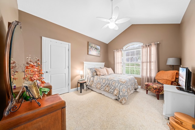 bedroom featuring vaulted ceiling, ceiling fan, and carpet