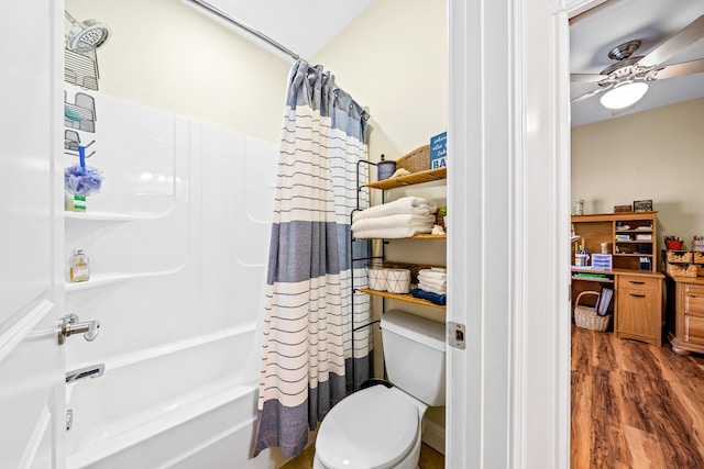 bathroom with shower / tub combo, wood-type flooring, ceiling fan, and toilet