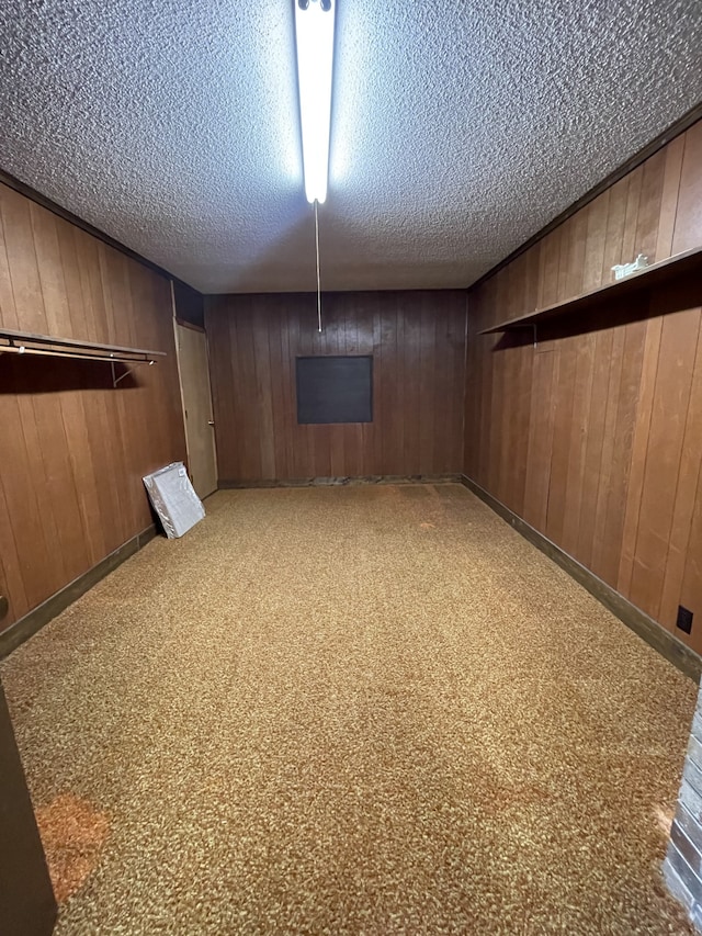 basement featuring wooden walls, carpet floors, and a textured ceiling