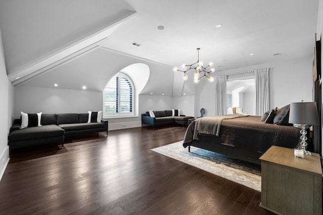 bedroom featuring a chandelier, dark hardwood / wood-style flooring, and lofted ceiling