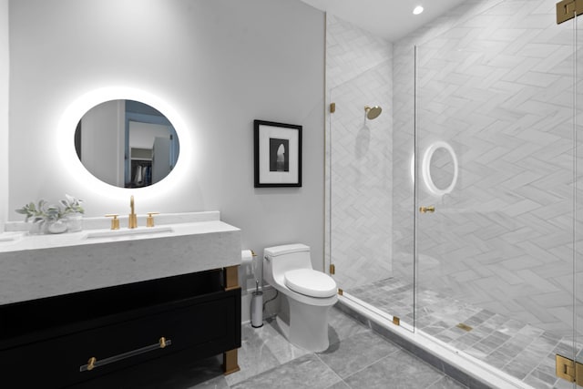 bathroom with an enclosed shower, vanity, toilet, and tile flooring