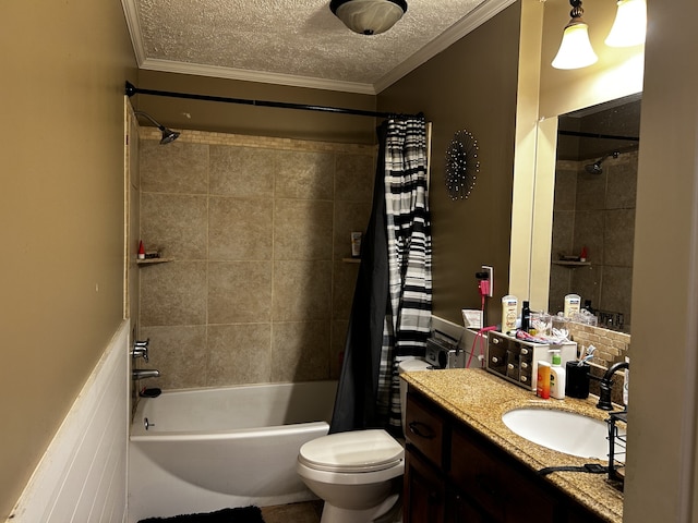 bathroom with crown molding, toilet, shower / bathtub combination with curtain, and a textured ceiling