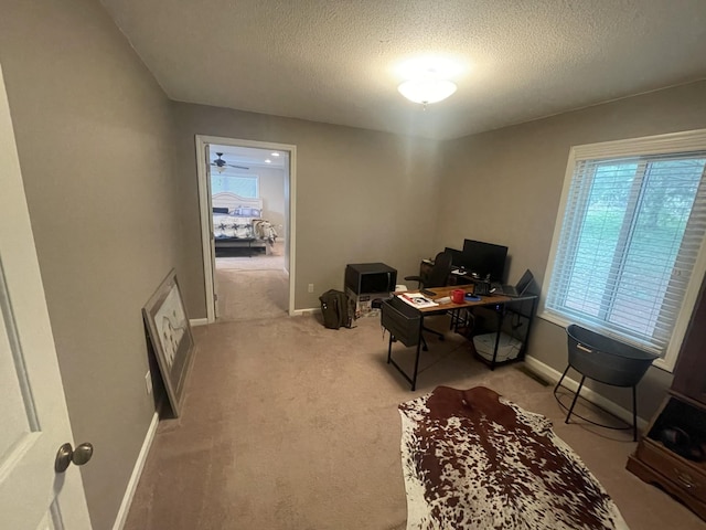 carpeted home office with baseboards and a textured ceiling